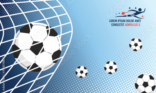 Vibrant soccer ball hitting the goal net with high energy on a bright blue halftone background for sports competition.