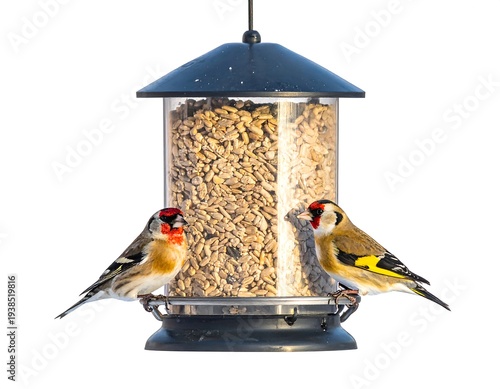 Two Goldfinches perch on a full bird feeder against a white background, in bright natural light