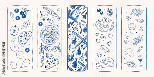 Stylized blue and white illustrations of food and botanical elements