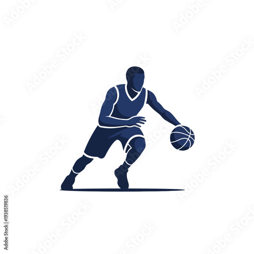 Silhouette of a basketball player dribbling a ball.