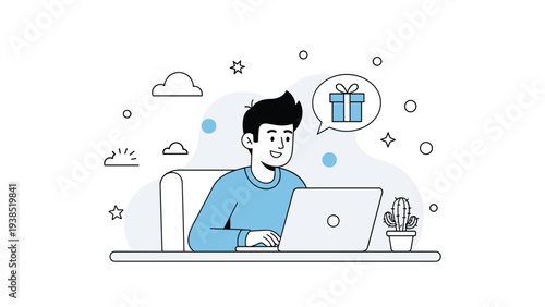 Young man sitting at desk using laptop computer to receive online gift or reward notification in minimalist line art style.
