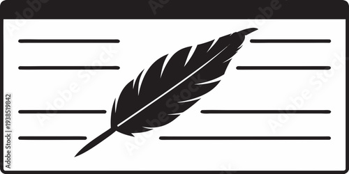 A black quill pen rests on lined paper creating a simple image