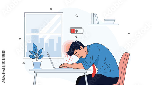 Tired businessman feeling exhausted and burned out while working at his office desk with low battery symbol illustration.