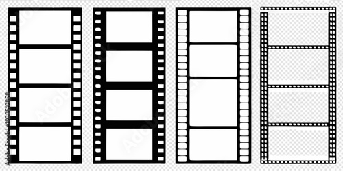 Four strips of black and white film negatives on transparent background