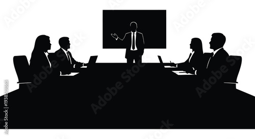 A silhouetted business meeting takes place around a conference table with a presenter high quality professional