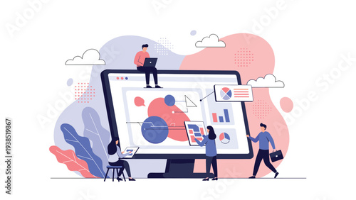 Business team analyzing data and creating website design on giant computer monitor with various graphs and charts illustration.