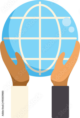Two diverse hands raise a glowing blue globe representing equality and global unity