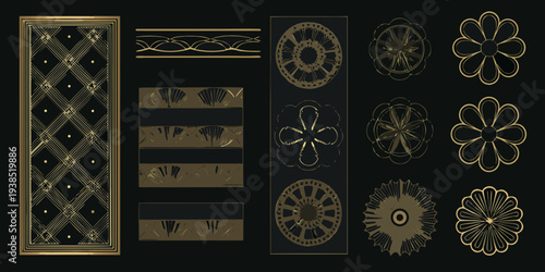 Art deco inspired golden ornamental patterns and floral designs on black