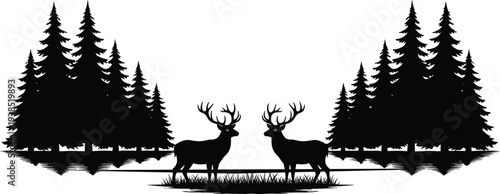 Deer forest silhouette, pine tree reflection, wilderness lake scene, antler wildlife design, black illustration, nature art, tranquil outdoor figure