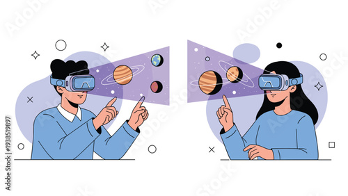 Young women exploring virtual reality space and solar system with VR headsets and interactive holographic planets illustration.