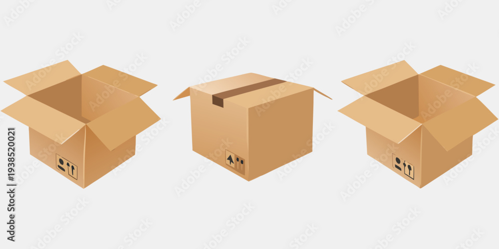Fototapeta premium Three cardboard boxes displayed in different open configurations