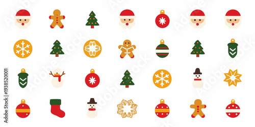 Festive christmas icons featuring gingerbread men trees and santa claus faces