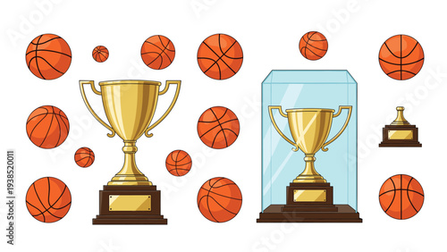 Collection of basketball trophies and balls including winners cup in display case for sports championship achievement concept.