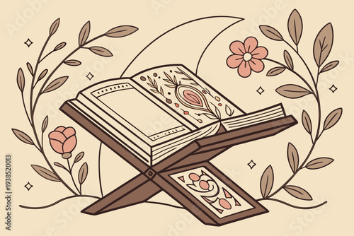 Holy Quran Book on Wooden Rehal with Floral Decoration