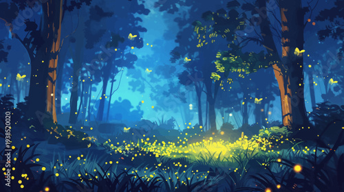 Enchanted forest scene trees silhouetted against a glowing night sky