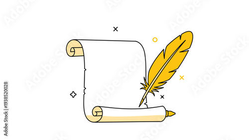 Ancient scroll and golden quill pen for historical writing or literature concept in clean minimalist line art illustration.