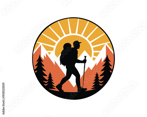 Mountain Hiker Silhouette Adventure Logo, Outdoor Trekking and Camping Emblem Vector Illustration