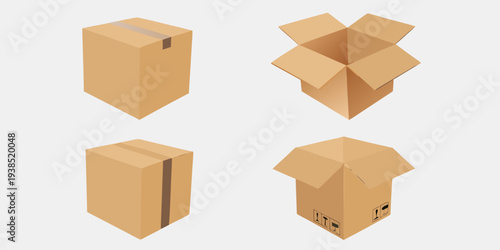 Cardboard boxes in various states closed open and partially assembled