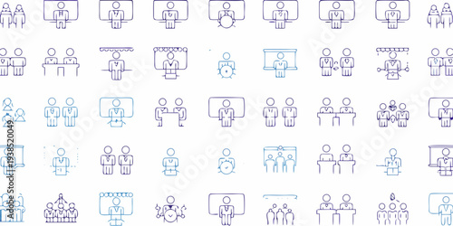 Collection of blue line icons depicting people meetings and presentations