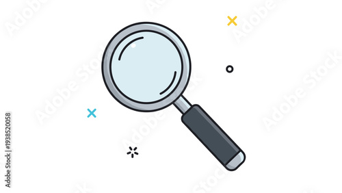 Magnifying glass icon for search discovery or investigation concept with colorful star elements in flat vector illustration.