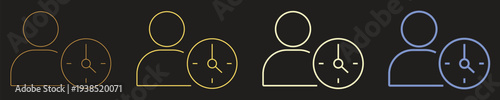 Gradient outline user profile with clock icon set representing time management, schedule tracking, productivity planning and account activity monitoring UI concept on dark background.