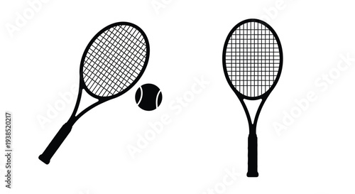 Two tennis rackets and a ball in a stark black silhouette
