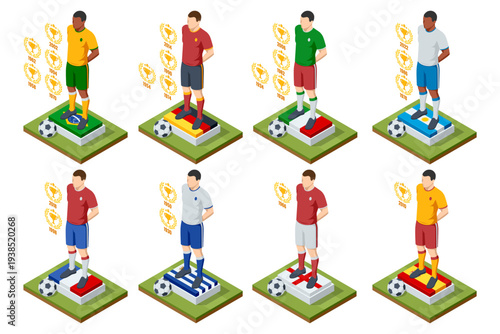 Isometric football world champion concept with national team player on podium with trophy symbol and championship year. Soccer tournament victory celebration and international sport competition