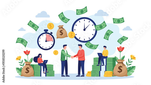 Business partnership and time management concept with businessmen shaking hands surrounded by money and clocks illustration.