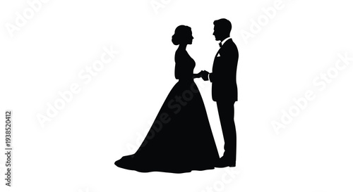Silhouette of a bride and groom holding hands facing each other in formal wedding attire