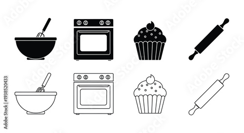 Baking tools and treats depicted in a stark black silhouette