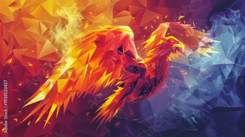 Abstract phoenix bird design fiery wings and geometric composition