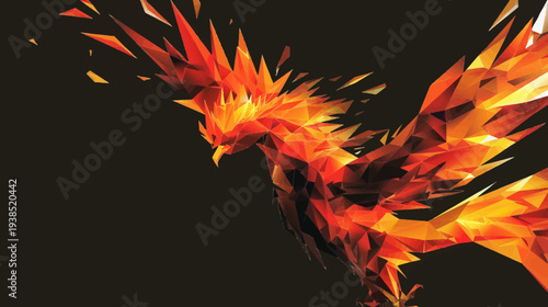 Abstract phoenix rising design in fiery colors on dark background