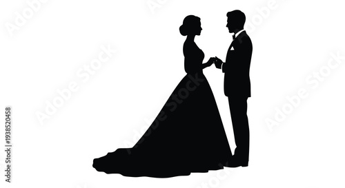 A silhouette of a bride and groom holding hands facing each other in a formal pose