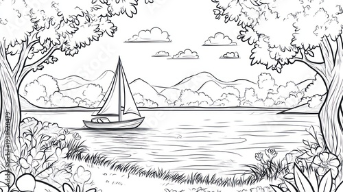 Peaceful lake scene with sailboat, framed by trees and mountains