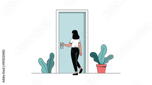 Young woman opening a door to enter or exit a room in clean minimalist flat illustration with potted plants decoration.