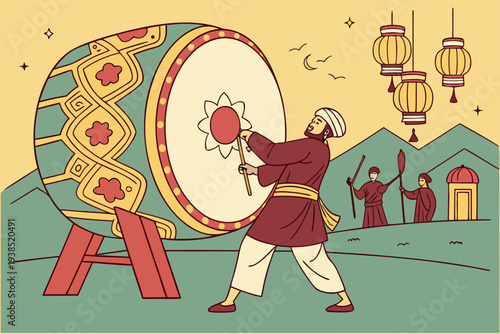 Man Playing Traditional Drum for Ramadan Celebration