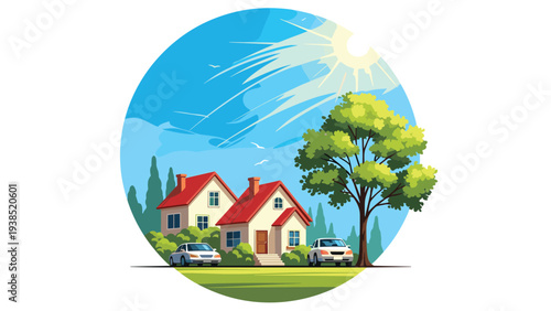 Beautiful residential houses with cars and green garden in sunny weather for suburban living and real estate concept.
