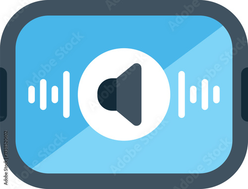 Blue rectangular digital icon showing a speaker symbol and sound wave graphics