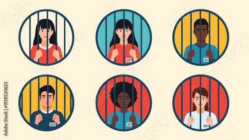 Diverse group of six people in prison behind bars representing criminal justice and social diversity in flat illustration.