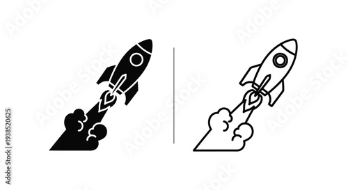 Two rocket ship illustrations one solid and one outlined silhouette