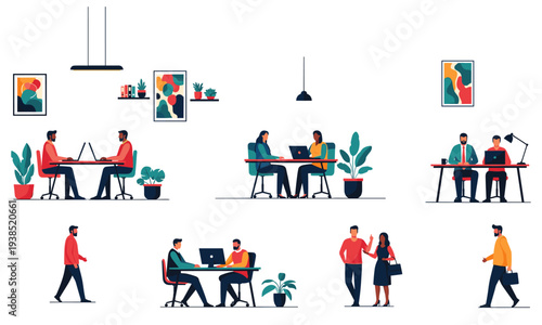 Modern Office Coworking Space Illustration with Diverse Professionals Working and Collaborating