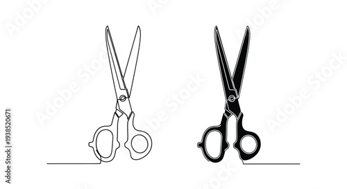 Two pairs of scissors one light and one dark in outline silhouette