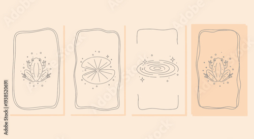 Minimalist Frog and Lily Pad Line Art Cards