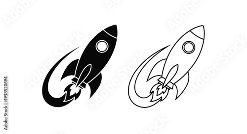 Two rocket designs one solid and one outlined depicted in black silhouette