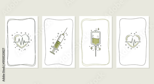 Medical Icons: Heartbeat, Syringe, IV Bag - Healthcare Graphic Art