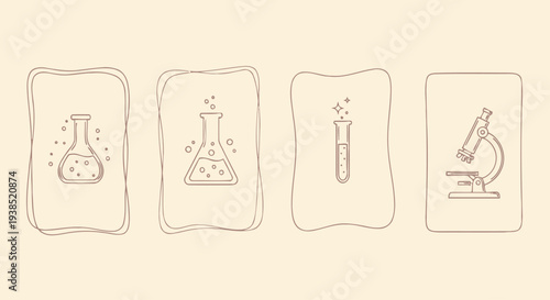 Laboratory Equipment Icons: Flasks, Test Tubes, Microscope on Beige Background