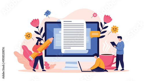 Content creation and copywriting concept with people working on website articles around giant computer screen and pencil.