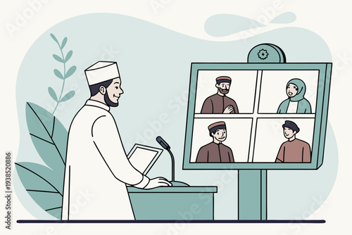 Muslim Speaker Delivering Virtual Religious Sermon to Online Audience