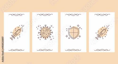 Covid-19 Vaccination Icons: Syringe, Virus, Shield on Beige Background