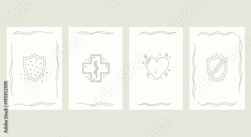 Health and Safety Icons Set: Shield, Medical Cross, Heart, Protection